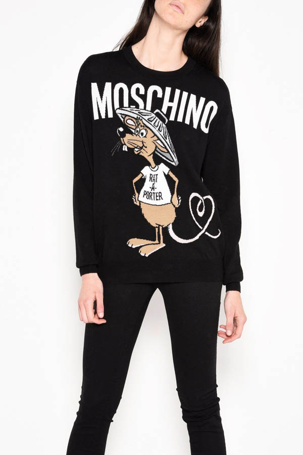 モスキーノ コピーMOSCHINO 2018 Rat-A-Porter ロング ウール プルオーバー Moschino ニット セーター 愛いネズミさん 長袖薄手ニット